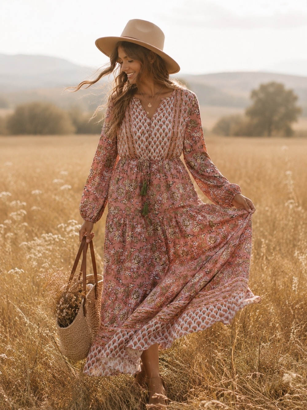 Jaded Gypsy Floral Maxi Dress - Boho - Tassel Drawstring - Pockets